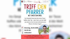 Flyer für ein Gesprächsangebot mit einem Pfarrer; enthält Datum, Uhrzeit, Veranstaltungsort, Logos und ein Portraitfoto eines lächelnden Mannes.