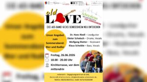 Plakat: Ankündigung des Konzerts 'old LOVE' am Freitag, 26.06.2026, 18:00–20:00 Uhr auf der Kirchterrasse vor dem mittendrin; Bandmitglieder und Hinweis auf Angebot 'Bier und Radler' sowie Kontaktdaten.