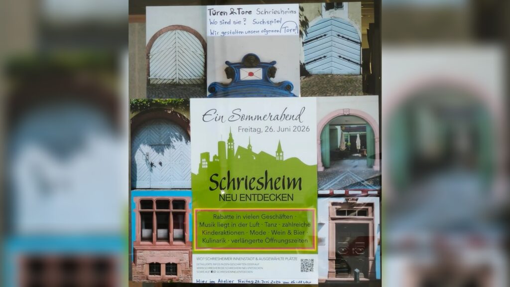 Plakat für ‚Ein Sommerabend‘ in Schriesheim am 26. Juni 2026 mit Collage aus verschiedenen Türfotos und Text zu Rabatten, Musik und Aktionen.