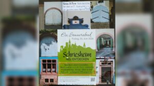 Plakat für ‚Ein Sommerabend‘ in Schriesheim am 26. Juni 2026 mit Collage aus verschiedenen Türfotos und Text zu Rabatten, Musik und Aktionen.